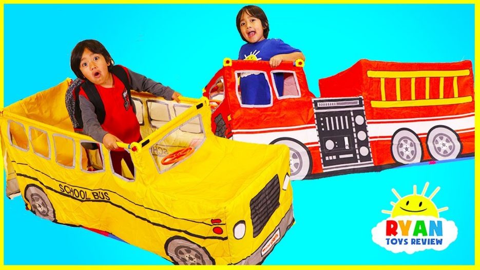 Ryan Pretend play with School Bus Tent and Fire Truck Vehicle